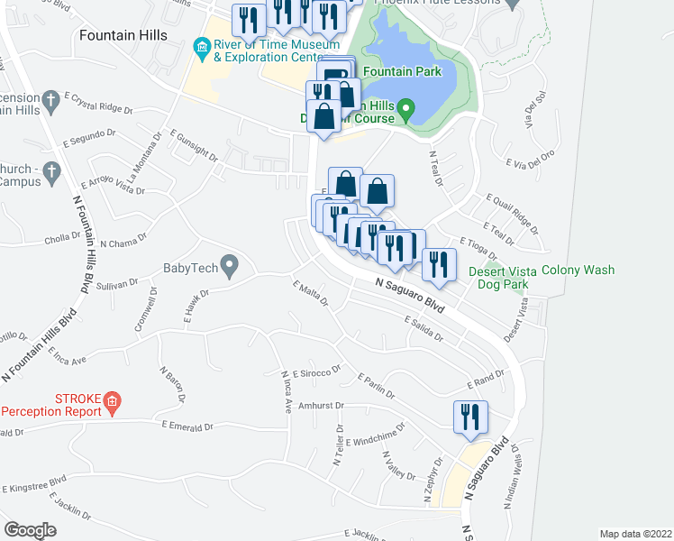 map of restaurants, bars, coffee shops, grocery stores, and more near 12015 North Saguaro Boulevard in Fountain Hills