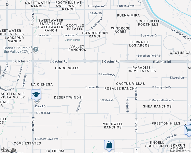 map of restaurants, bars, coffee shops, grocery stores, and more near 10060 East Paradise Drive in Scottsdale