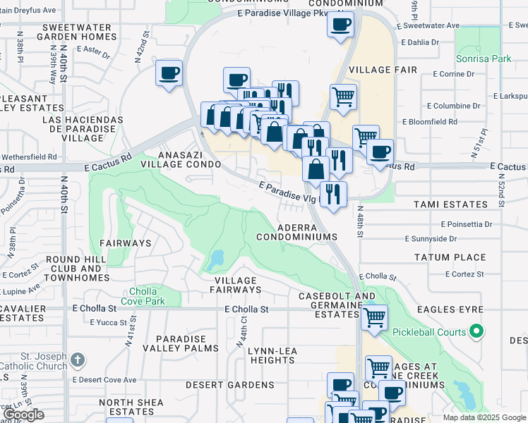 map of restaurants, bars, coffee shops, grocery stores, and more near 4455 East Paradise Village Parkway South in Phoenix