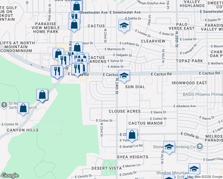 map of restaurants, bars, coffee shops, grocery stores, and more near 2314 East Paradise Drive in Phoenix