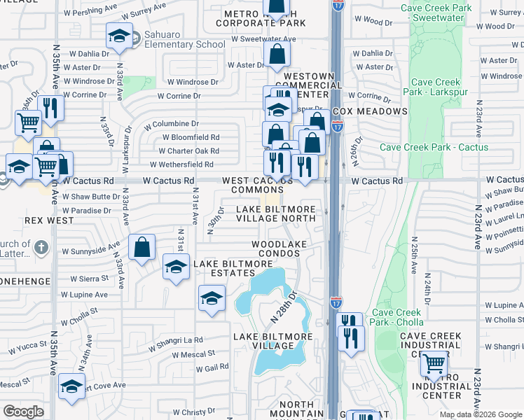 map of restaurants, bars, coffee shops, grocery stores, and more near 2918 West Shaw Butte Drive in Phoenix