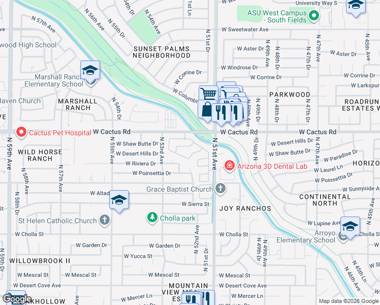 map of restaurants, bars, coffee shops, grocery stores, and more near 5206 West Paradise Drive in Glendale