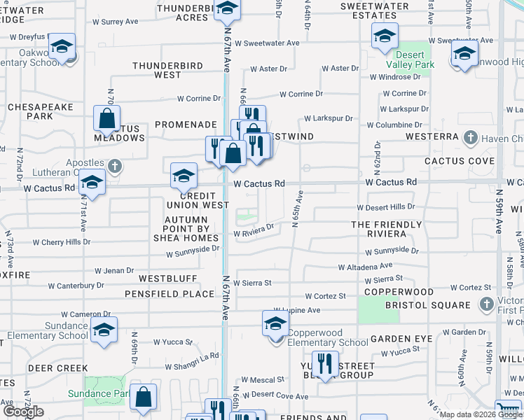 map of restaurants, bars, coffee shops, grocery stores, and more near 6565 West Cactus Road in Glendale