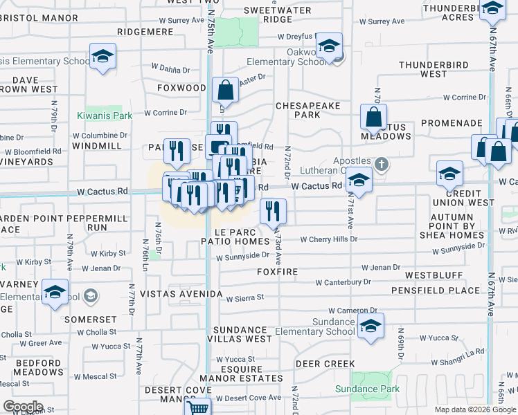 map of restaurants, bars, coffee shops, grocery stores, and more near 7290 West Shaw Butte Drive in Peoria