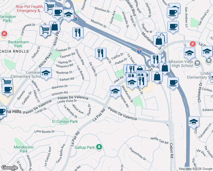 map of restaurants, bars, coffee shops, grocery stores, and more near 25272 Orellano Way in Laguna Hills