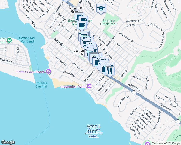 map of restaurants, bars, coffee shops, grocery stores, and more near 318 Marguerite Avenue in Newport Beach