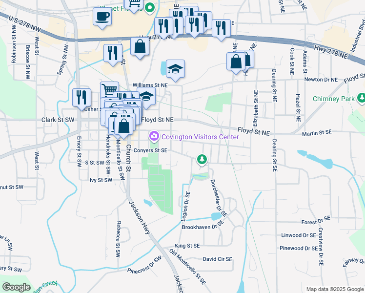 map of restaurants, bars, coffee shops, grocery stores, and more near 2135 Anderson Avenue Northeast in Covington