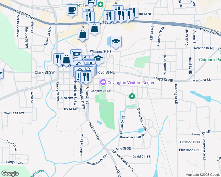 map of restaurants, bars, coffee shops, grocery stores, and more near 2141 Conyers Street Southeast in Covington