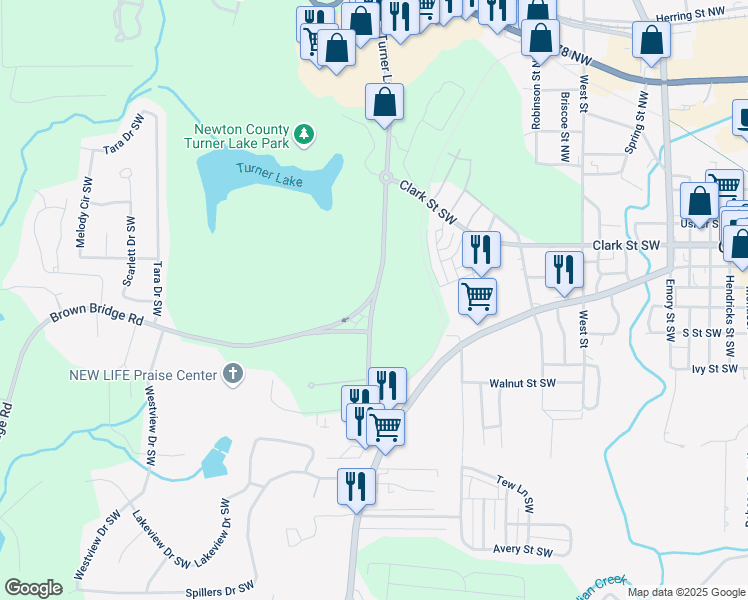 map of restaurants, bars, coffee shops, grocery stores, and more near 6185 Turner Lake Road Northwest in Covington
