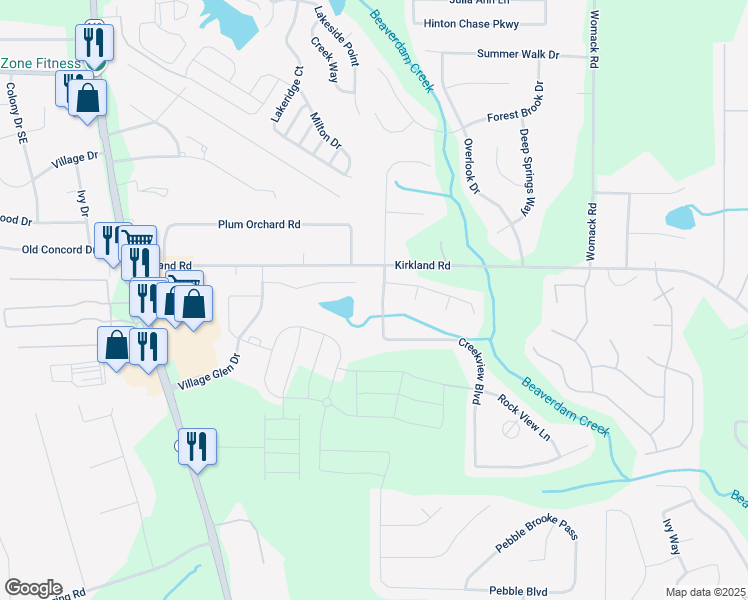 map of restaurants, bars, coffee shops, grocery stores, and more near 60 Creekview Boulevard in Covington