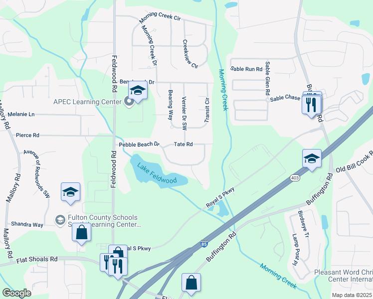 map of restaurants, bars, coffee shops, grocery stores, and more near 3680 Tate Road in Atlanta