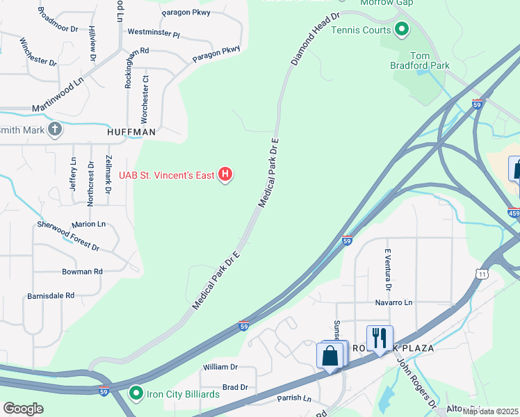 map of restaurants, bars, coffee shops, grocery stores, and more near 23 Medical Park Drive East in Birmingham