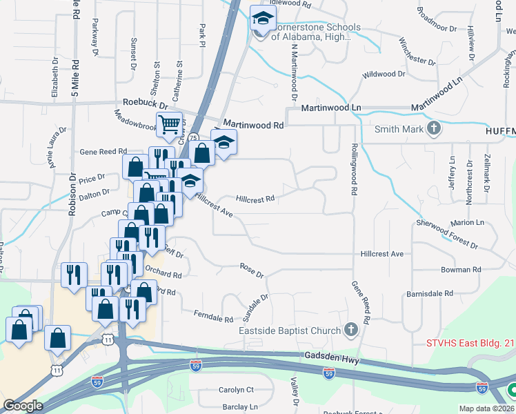 map of restaurants, bars, coffee shops, grocery stores, and more near 824 Hillcrest Road in Birmingham