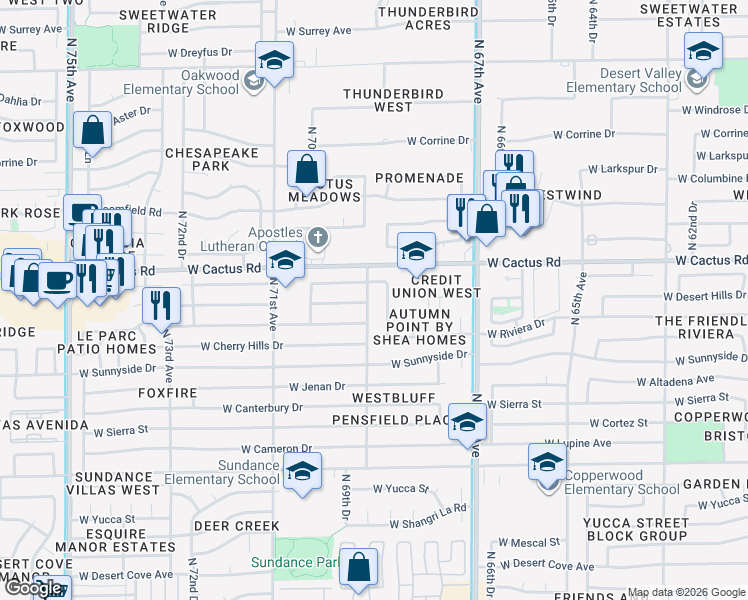 map of restaurants, bars, coffee shops, grocery stores, and more near 12131 North 69th Avenue in Peoria