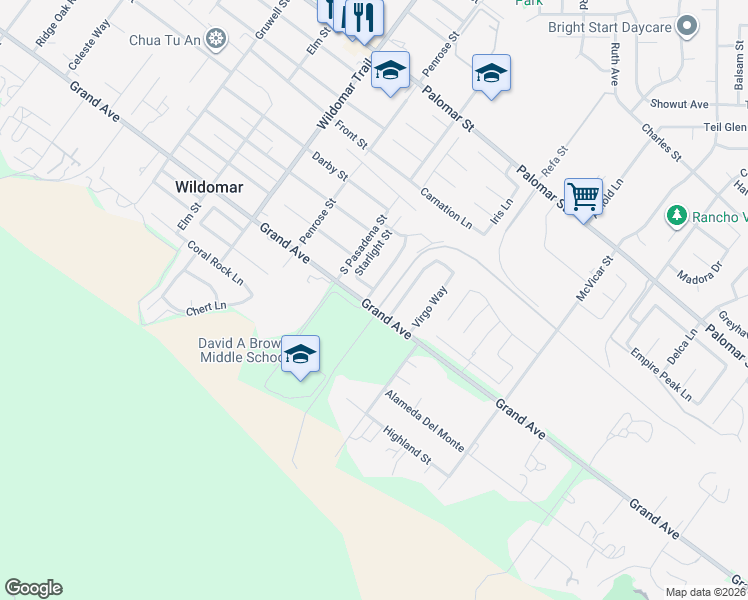 map of restaurants, bars, coffee shops, grocery stores, and more near 32951 Willow Bay Road in Wildomar