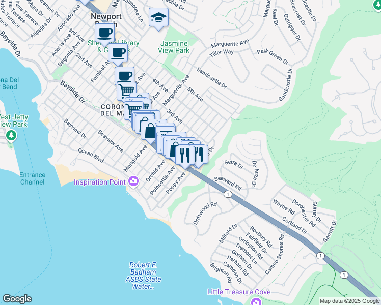 map of restaurants, bars, coffee shops, grocery stores, and more near 424 Poinsettia Avenue in Newport Beach