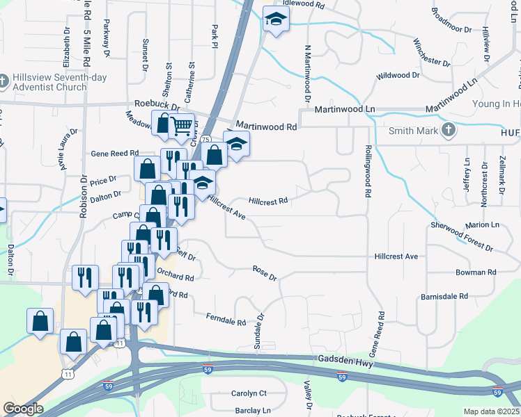map of restaurants, bars, coffee shops, grocery stores, and more near 827 Hillcrest Road in Birmingham