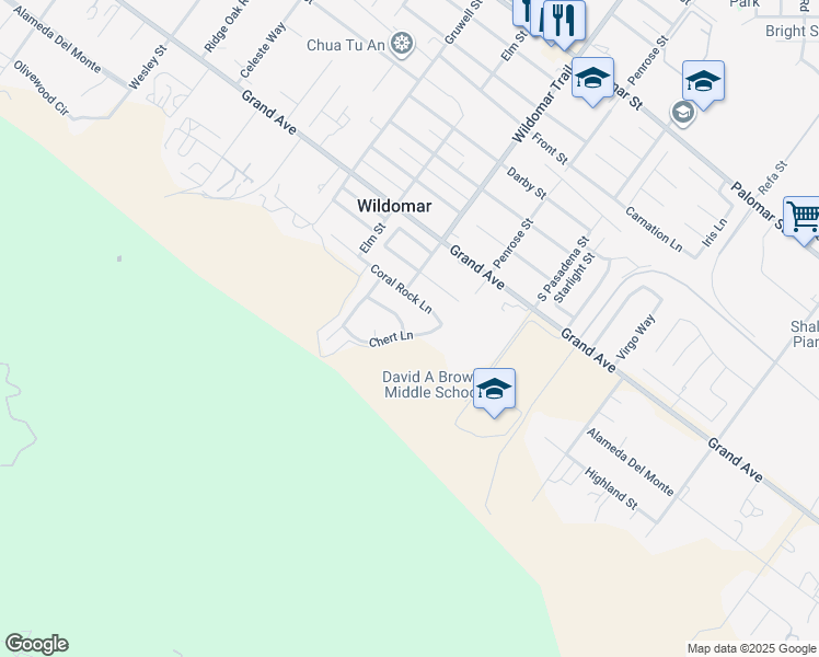 map of restaurants, bars, coffee shops, grocery stores, and more near 33273 Chert Lane in Wildomar
