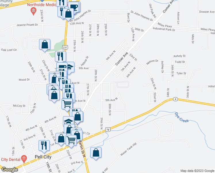 map of restaurants, bars, coffee shops, grocery stores, and more near 607 30th Street North in Pell City