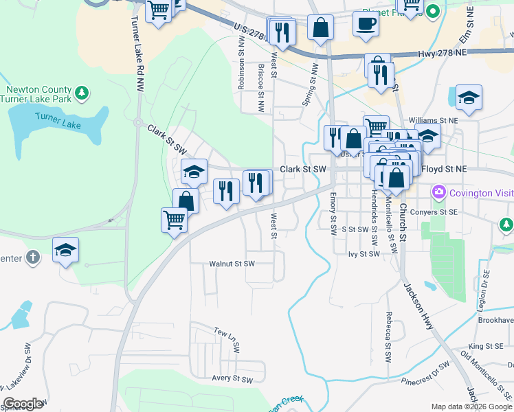 map of restaurants, bars, coffee shops, grocery stores, and more near 3186 Washington Street Southwest in Covington