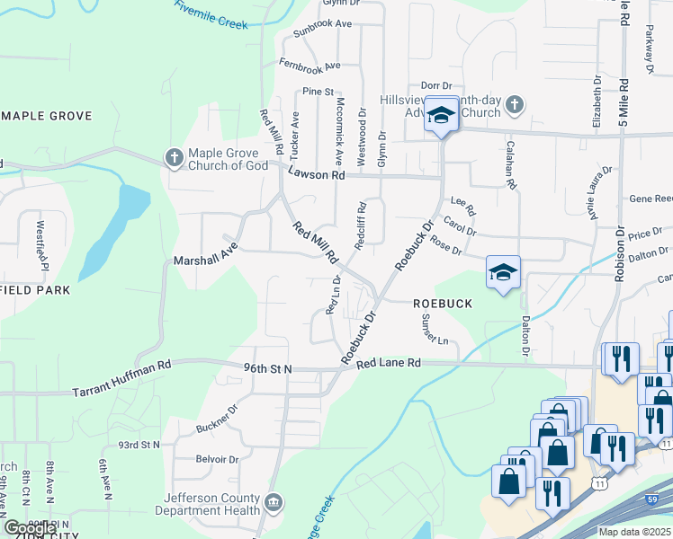 map of restaurants, bars, coffee shops, grocery stores, and more near 9726 Red Lane Drive in Birmingham