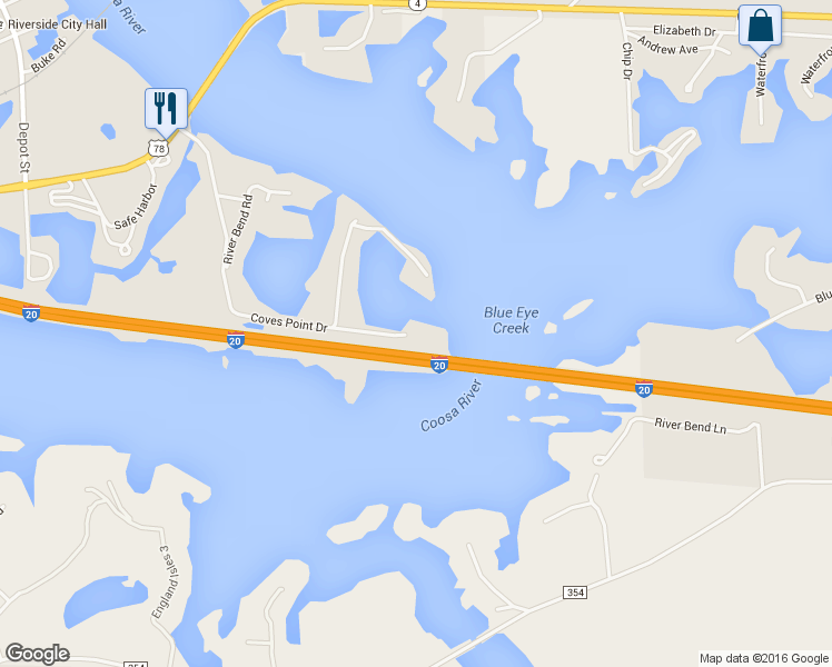 map of restaurants, bars, coffee shops, grocery stores, and more near 518 Coves Point Drive in Riverside