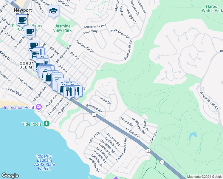 map of restaurants, bars, coffee shops, grocery stores, and more near 609 Seaward Road in Newport Beach
