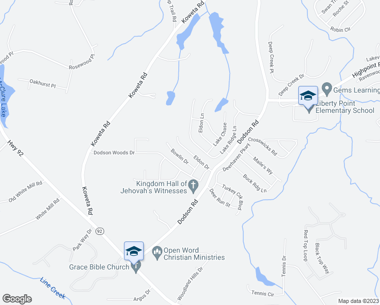 map of restaurants, bars, coffee shops, grocery stores, and more near Eldon Drive in Fairburn