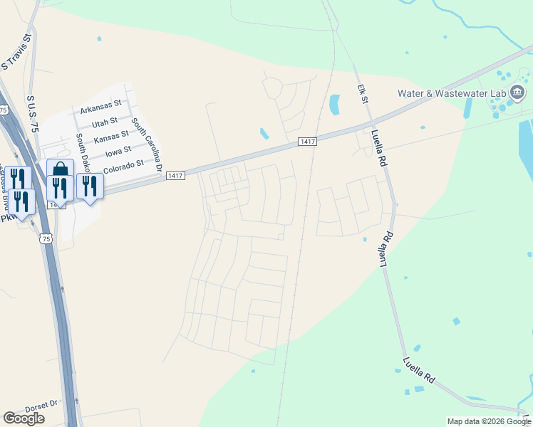 map of restaurants, bars, coffee shops, grocery stores, and more near 1202 Farm to Market Road 1417 in Sherman
