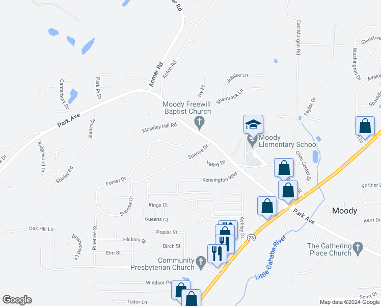 map of restaurants, bars, coffee shops, grocery stores, and more near 2763 Sunrise Drive in Moody