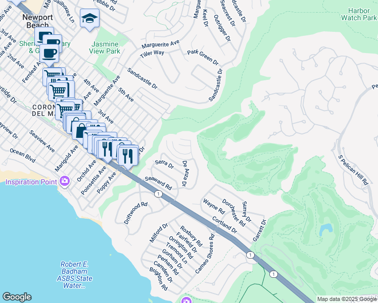 map of restaurants, bars, coffee shops, grocery stores, and more near 609 Seaward Road in Newport Beach