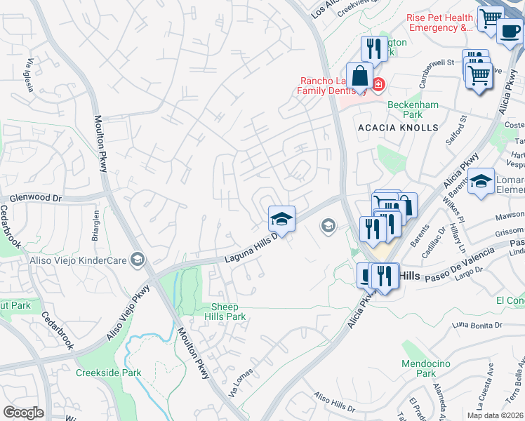 map of restaurants, bars, coffee shops, grocery stores, and more near 865 Ronda Mendoza in Laguna Woods