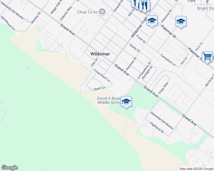 map of restaurants, bars, coffee shops, grocery stores, and more near 33249 Chert Lane in Wildomar