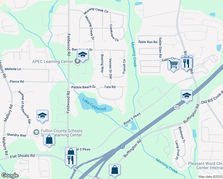 map of restaurants, bars, coffee shops, grocery stores, and more near 3680 Tate Road in Atlanta