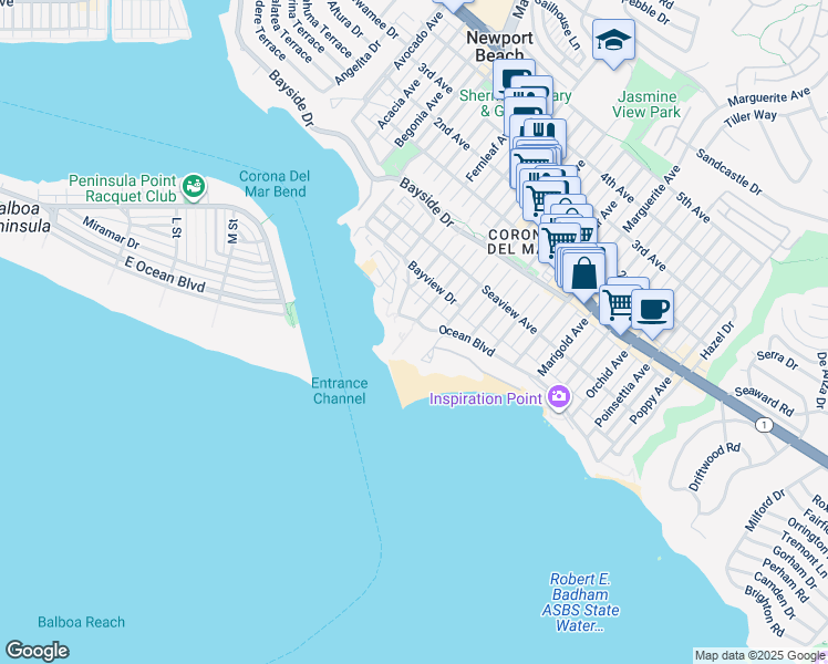 map of restaurants, bars, coffee shops, grocery stores, and more near 2901 Ocean Boulevard in Newport Beach