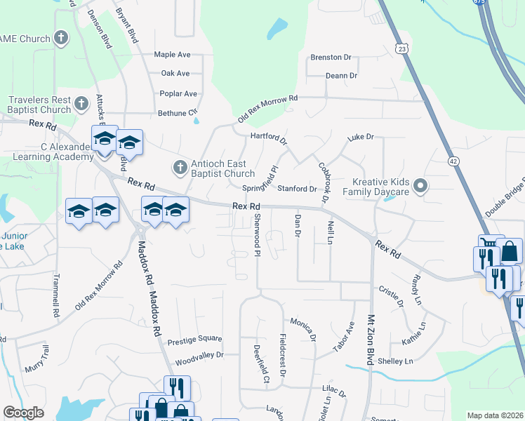 map of restaurants, bars, coffee shops, grocery stores, and more near 2493 Rex Road in Ellenwood