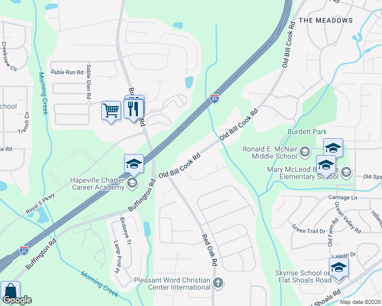 map of restaurants, bars, coffee shops, grocery stores, and more near 5915 Old Bill Cook Road in College Park