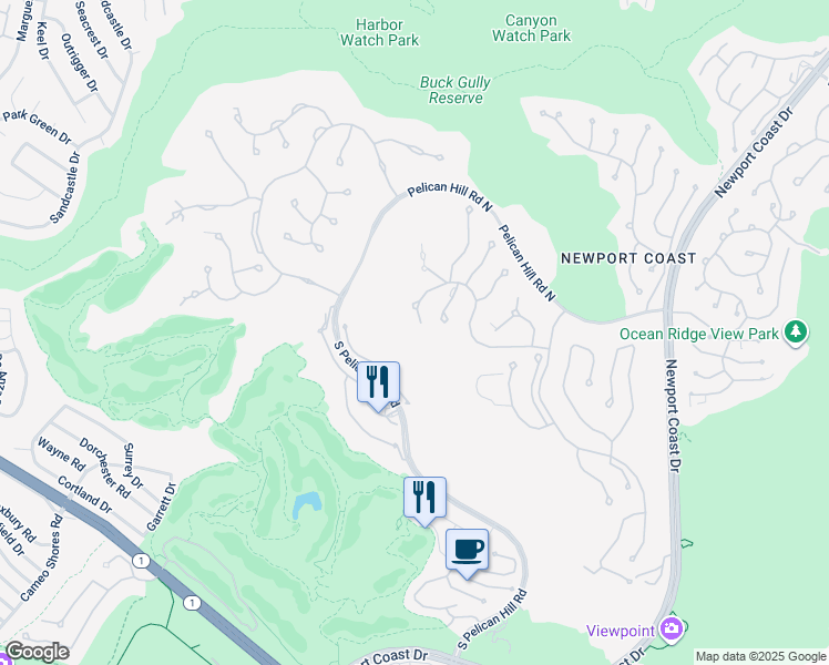 map of restaurants, bars, coffee shops, grocery stores, and more near 1 Pelican Crest Drive in Newport Beach