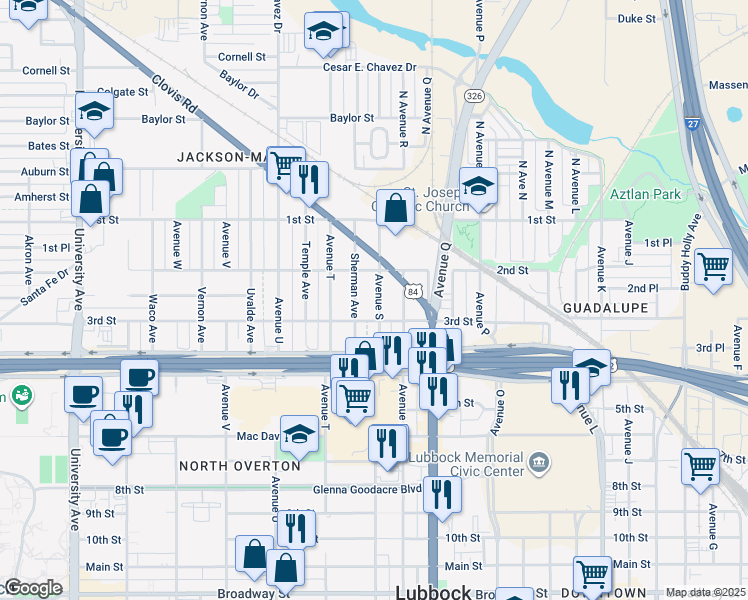 map of restaurants, bars, coffee shops, grocery stores, and more near 212 Avenue S in Lubbock