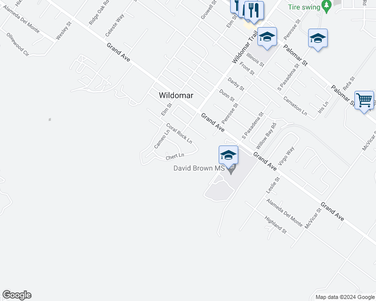 map of restaurants, bars, coffee shops, grocery stores, and more near 33249 Chert Lane in Wildomar