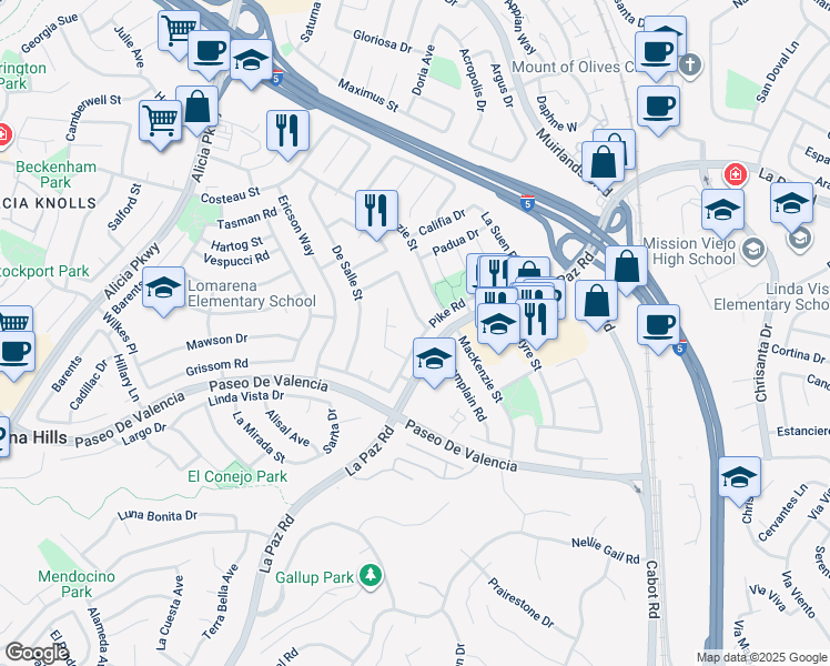 map of restaurants, bars, coffee shops, grocery stores, and more near 25311 Pike Road in Laguna Hills