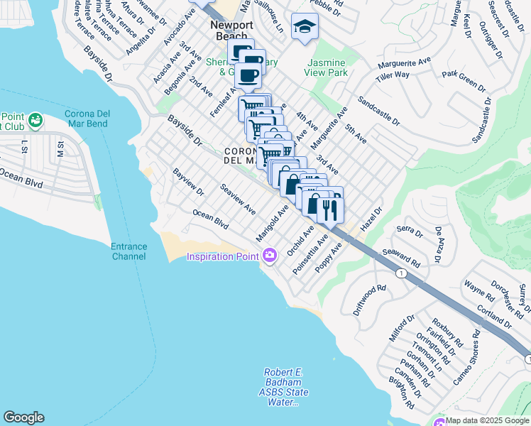 map of restaurants, bars, coffee shops, grocery stores, and more near 306 Marguerite Avenue in Newport Beach