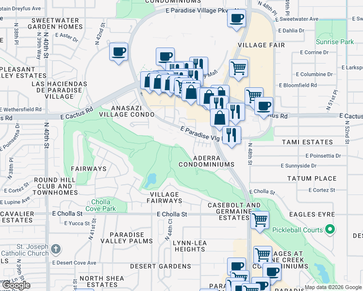 map of restaurants, bars, coffee shops, grocery stores, and more near 4455 East Paradise Village Parkway South in Phoenix