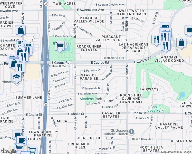 map of restaurants, bars, coffee shops, grocery stores, and more near 3738 East Laurel Lane in Phoenix