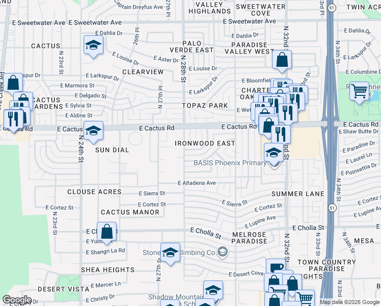 map of restaurants, bars, coffee shops, grocery stores, and more near 12011 North 28th Street in Phoenix
