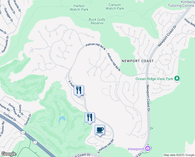 map of restaurants, bars, coffee shops, grocery stores, and more near 59 Pelican Crest Drive in Newport Beach
