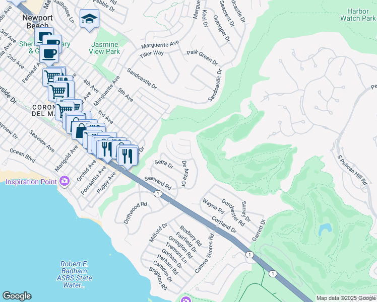map of restaurants, bars, coffee shops, grocery stores, and more near 448 Isabella Terrace in Newport Beach