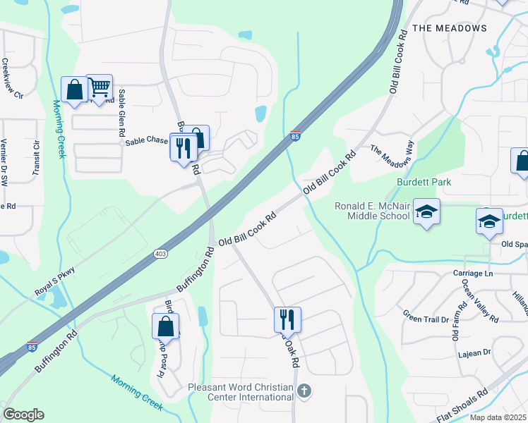 map of restaurants, bars, coffee shops, grocery stores, and more near 5925 Old Bill Cook Road in College Park