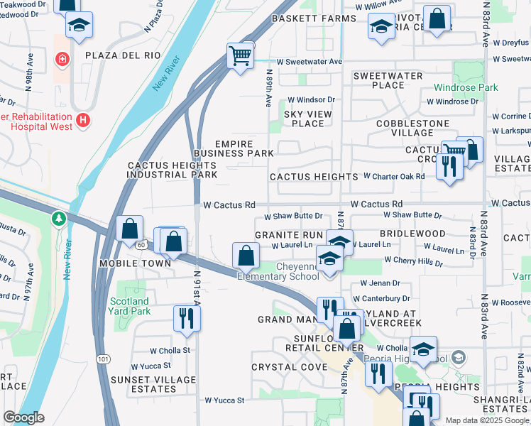 map of restaurants, bars, coffee shops, grocery stores, and more near 8910 West Shaw Butte Drive in Peoria