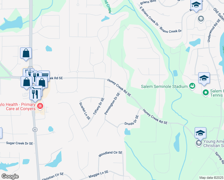 map of restaurants, bars, coffee shops, grocery stores, and more near 2505 Tiffany Court Southeast in Conyers